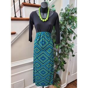 Bob Mackie Women's Black & Blue Round Neck Long Sleeves Long Maxi Dress Size XXS